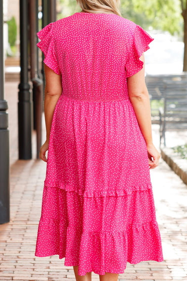 Rose Polka Dot Print Ruffle Smocked High Waist Plus Midi Dress