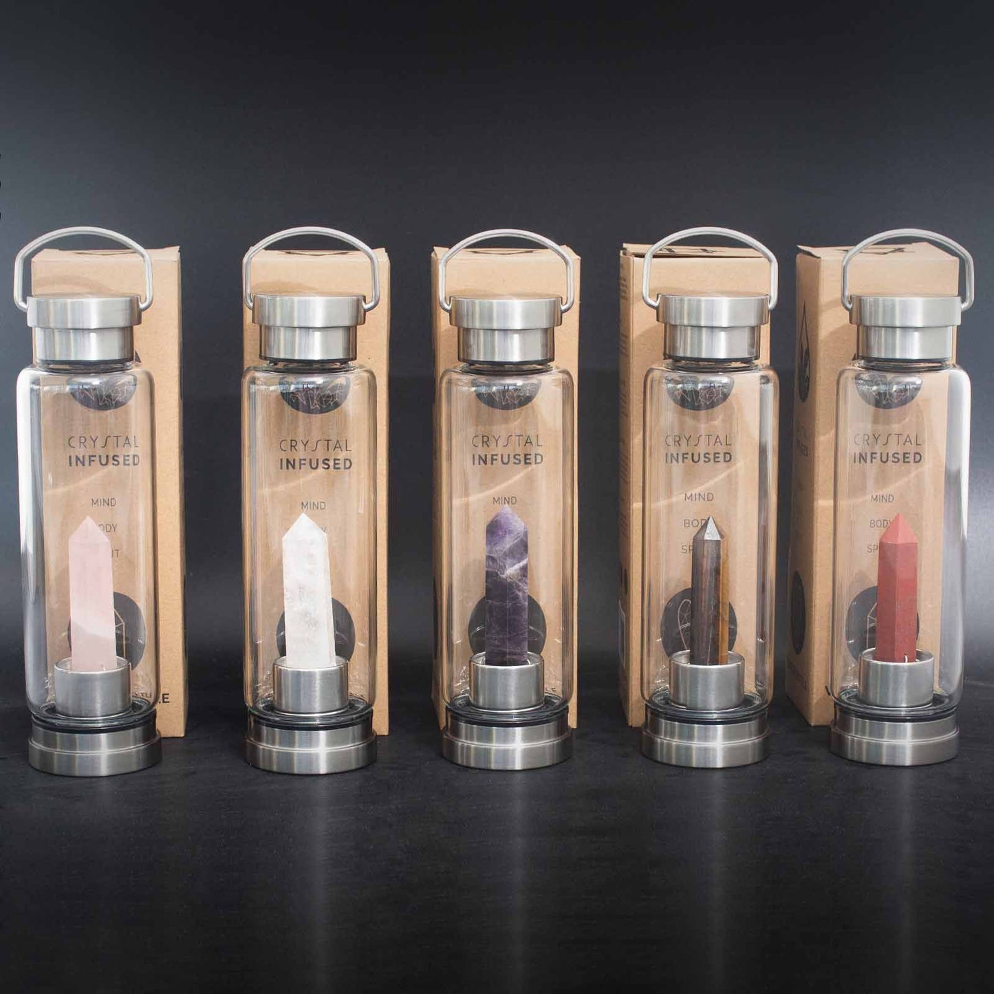 Crystal Infused Glass Water Bottle - Rejuvenating Rose Quartz - Obelisk