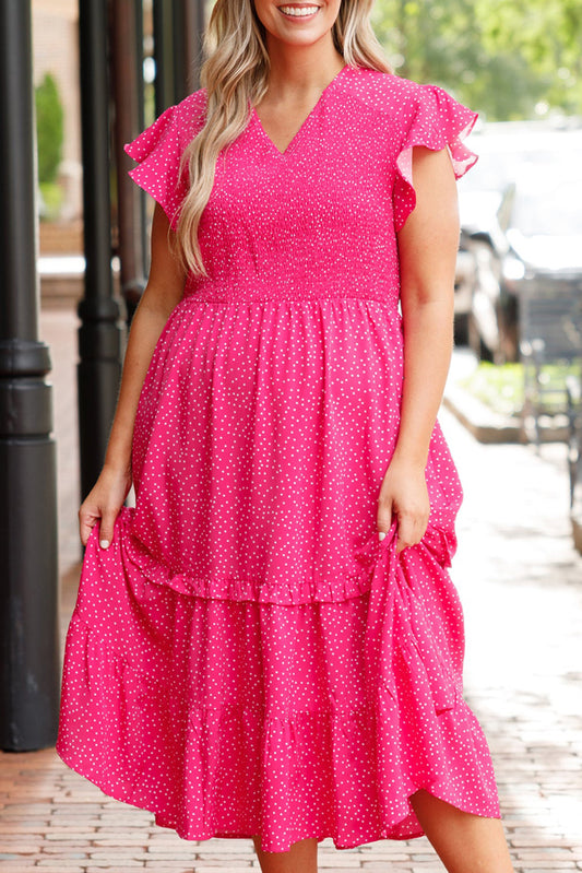 Rose Polka Dot Print Ruffle Smocked High Waist Plus Midi Dress