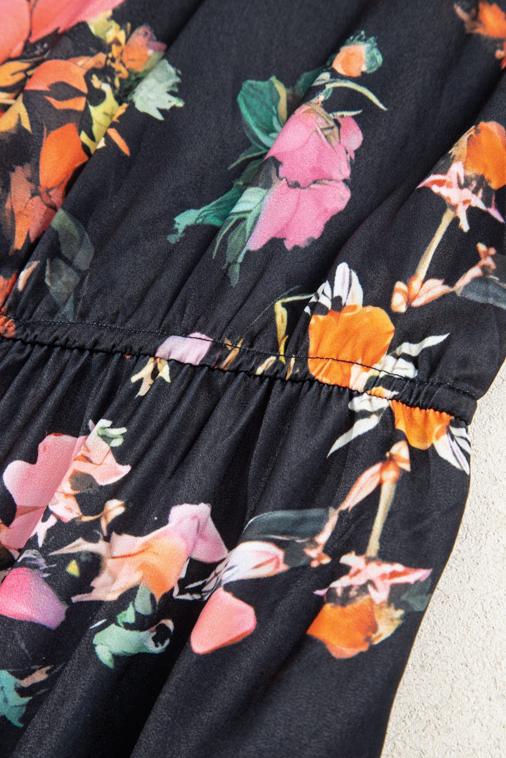 Black Plus Size Floral Print Tie Neck Cinched Waist Long Sleeve Mini Dress