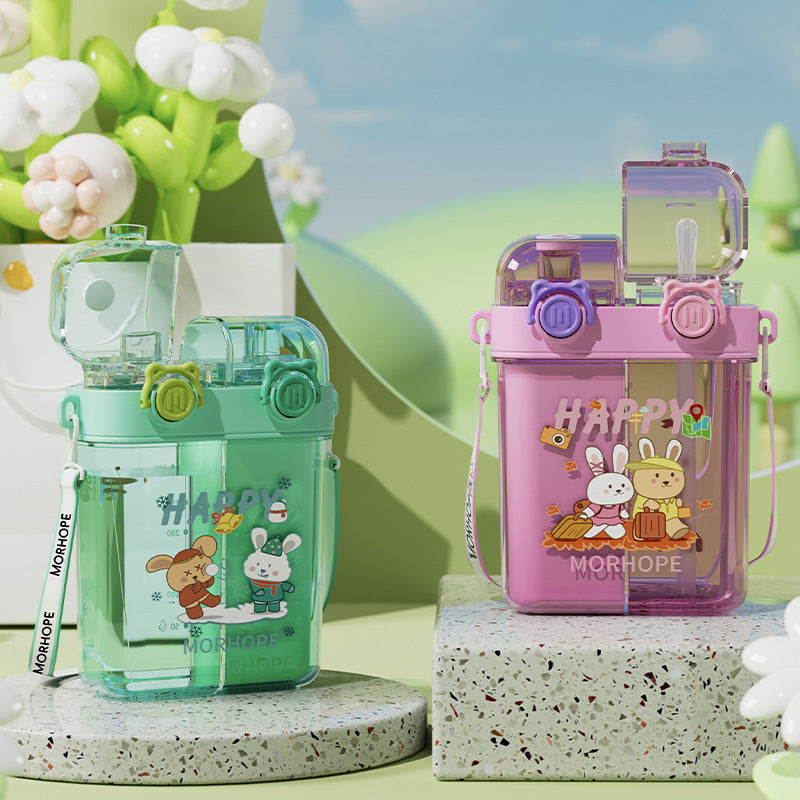 Summer Cute Cartoon Children Double Drink Cup With Straw