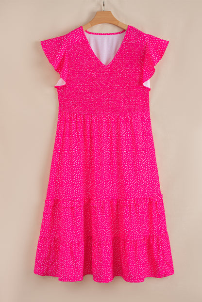 Rose Polka Dot Print Ruffle Smocked High Waist Plus Midi Dress