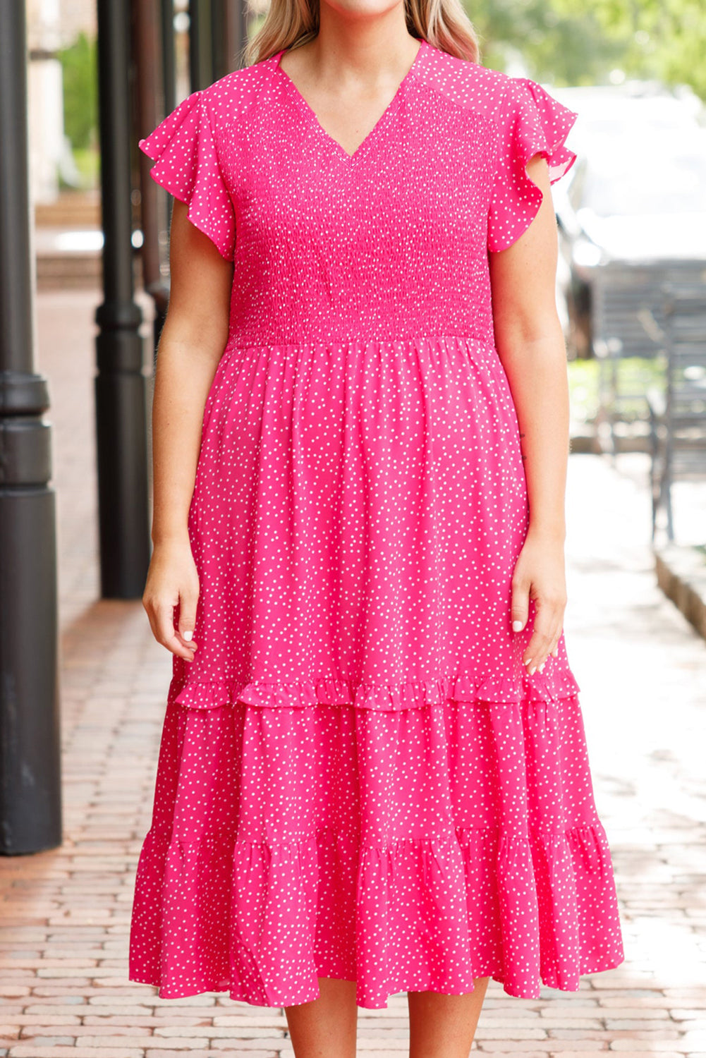 Rose Polka Dot Print Ruffle Smocked High Waist Plus Midi Dress