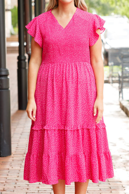 Rose Polka Dot Print Ruffle Smocked High Waist Plus Midi Dress