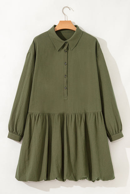 Green Plus Size Long Sleeve Ruffle Hem Mini Shirt Dress