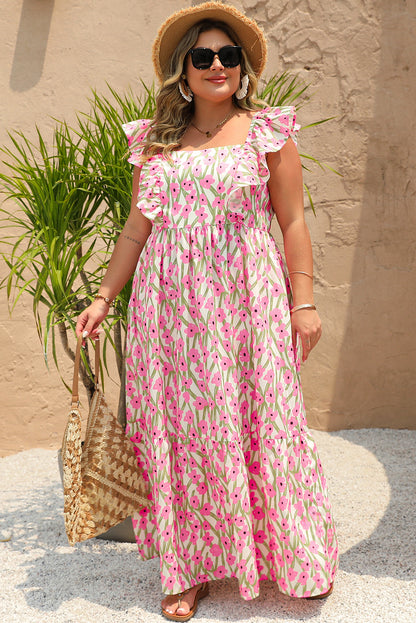 Pink Plus Size Ruffle High Waist Floral Maxi Dress