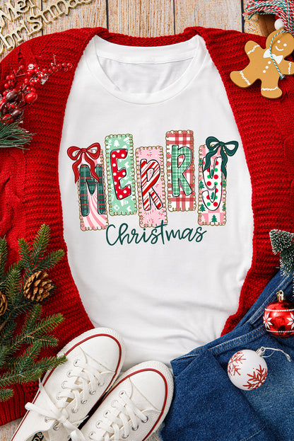 White Merry Christmas Ribbon Bow Detail Holiday Graphic Tee