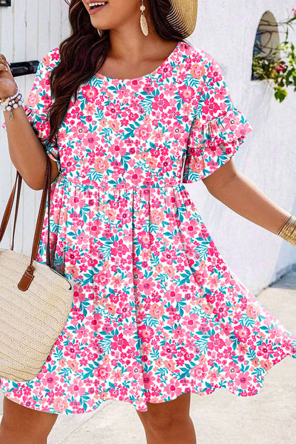 White Plus Size Floral Print Ruffle Short Sleeve Flare Dress
