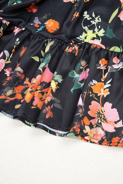 Black Plus Size Floral Print Tie Neck Cinched Waist Long Sleeve Mini Dress