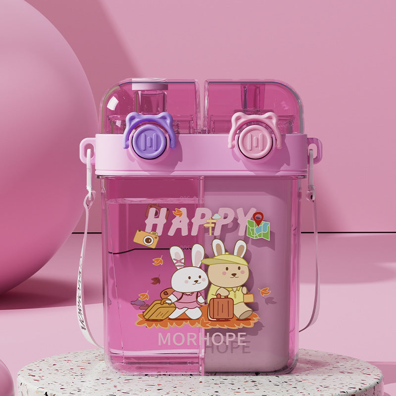 Summer Cute Cartoon Children Double Drink Cup With Straw