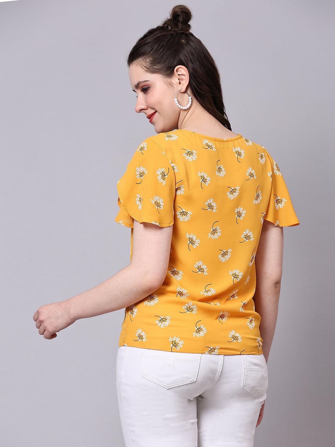 Yellow Floral Print Tops - VONYQ