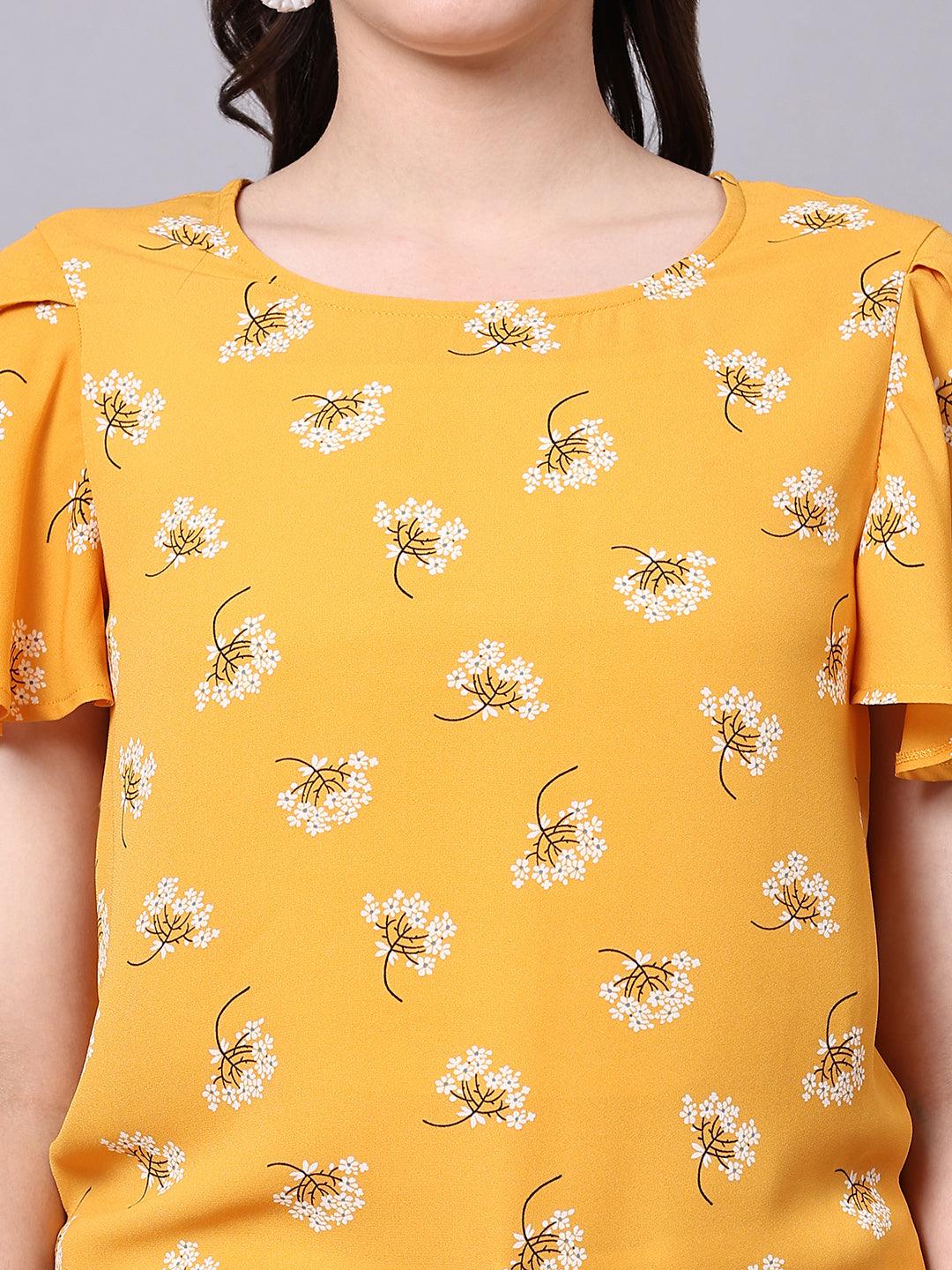 Yellow Floral Print Tops - VONYQ