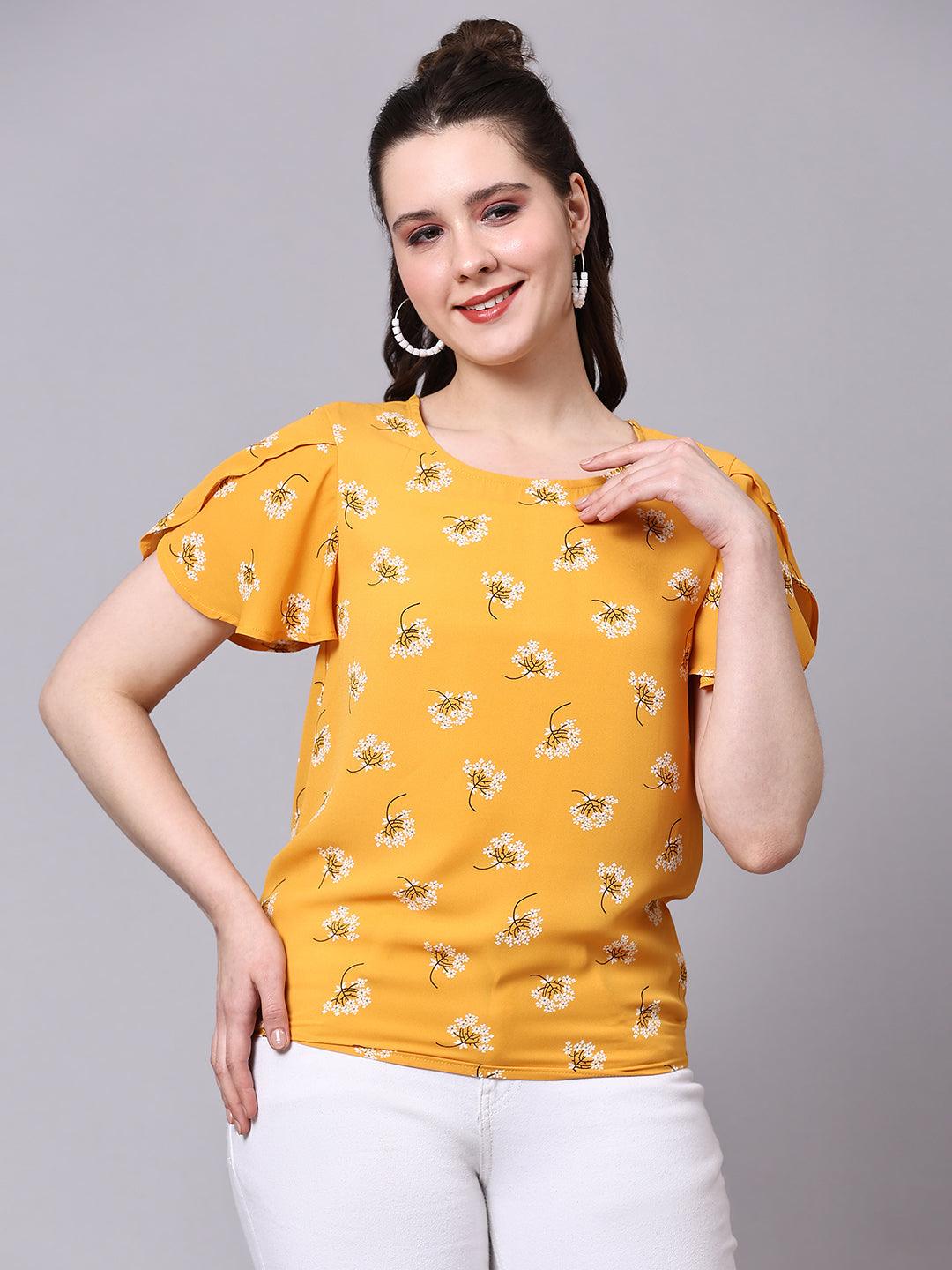 Yellow Floral Print Tops - VONYQ