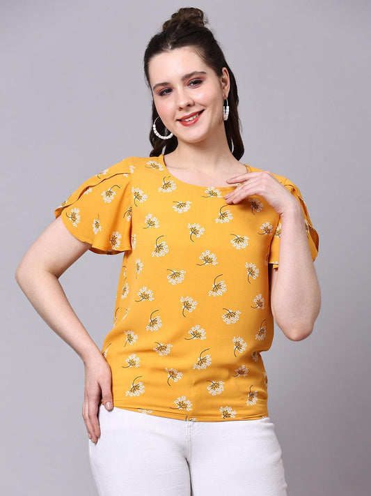 Yellow Floral Print Tops - VONYQ