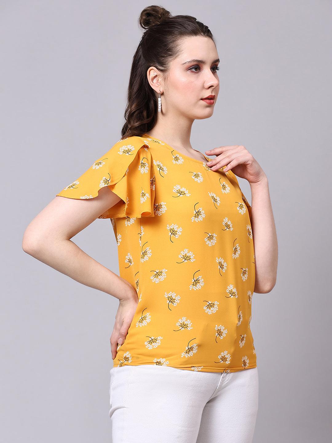 Yellow Floral Print Tops - VONYQ