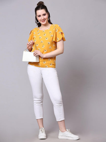 Yellow Floral Print Tops - VONYQ