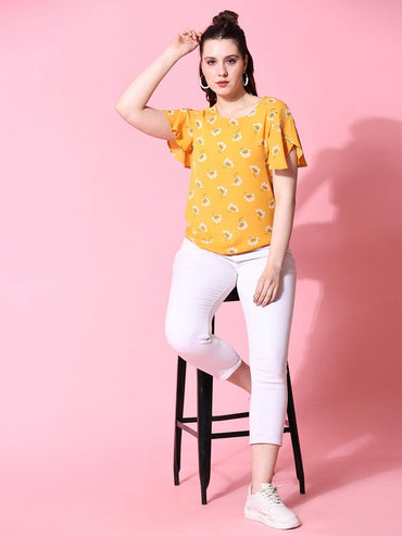Yellow Floral Print Tops - VONYQ