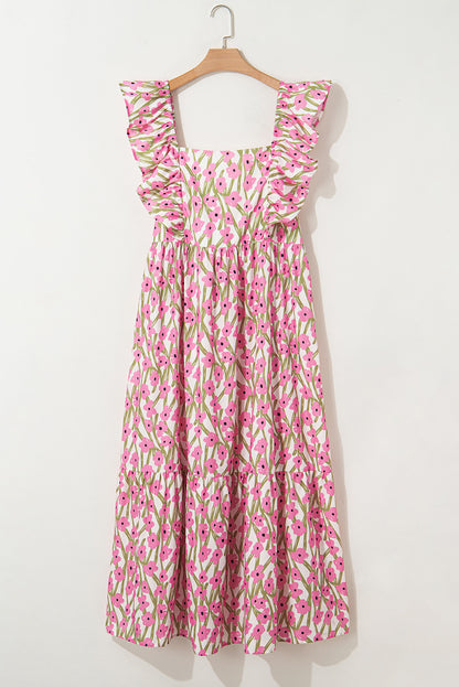 Pink Plus Size Ruffle High Waist Floral Maxi Dress