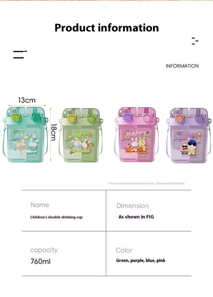 Summer Cute Cartoon Children Double Drink Cup With Straw