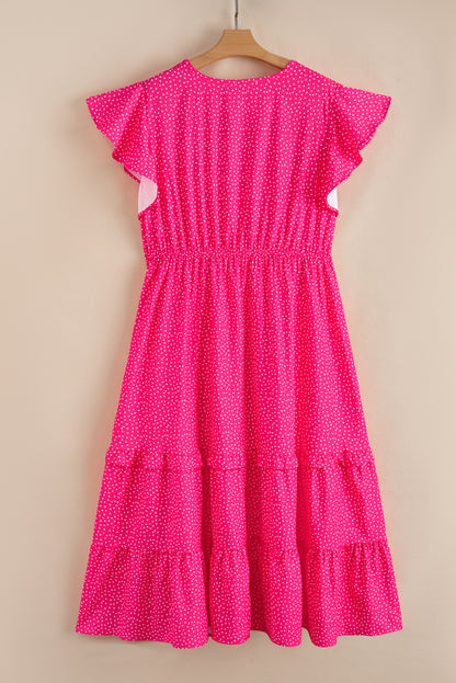 Rose Polka Dot Print Ruffle Smocked High Waist Plus Midi Dress