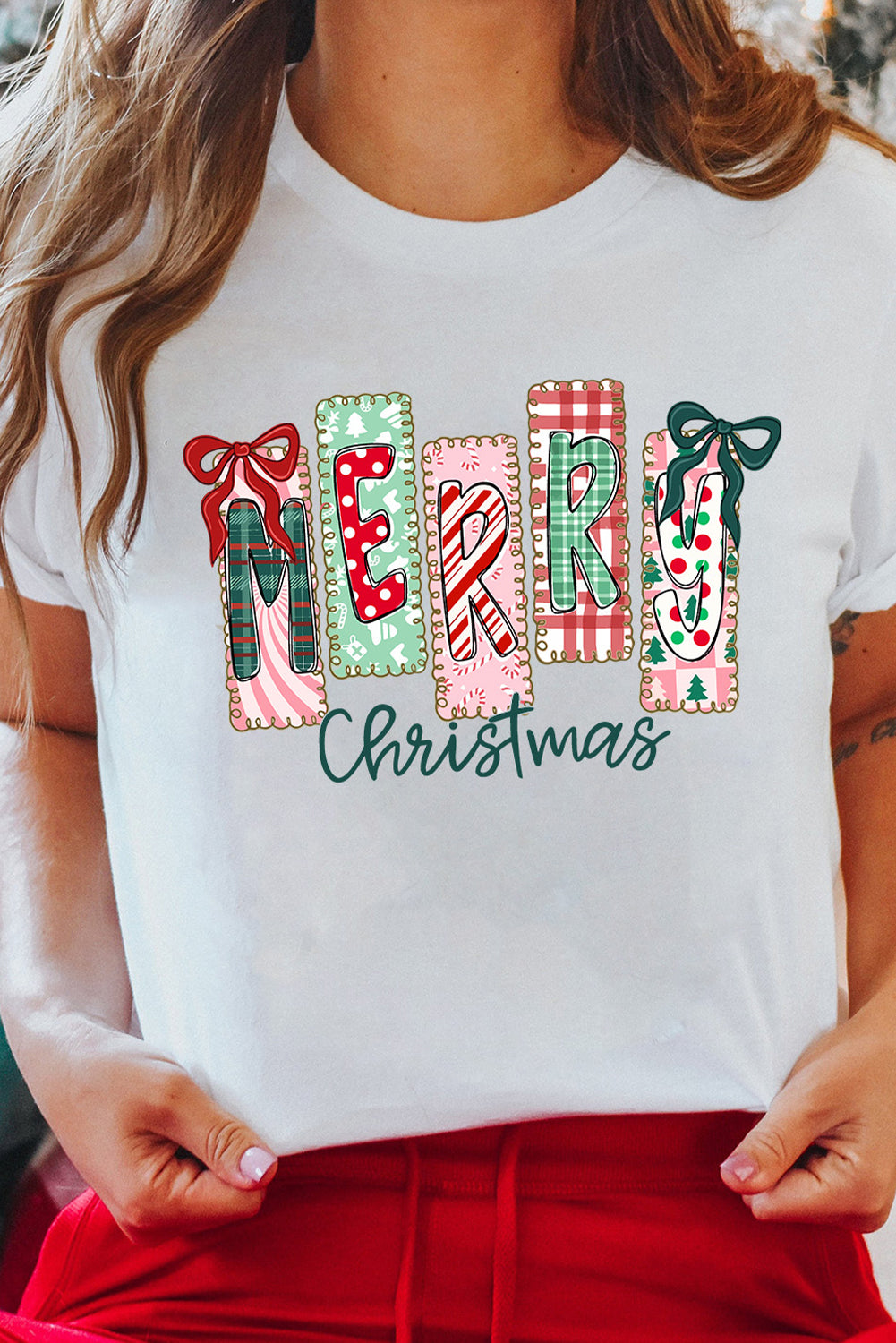 White Merry Christmas Ribbon Bow Detail Holiday Graphic Tee