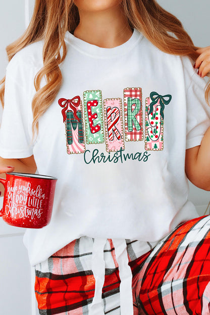 White Merry Christmas Ribbon Bow Detail Holiday Graphic Tee