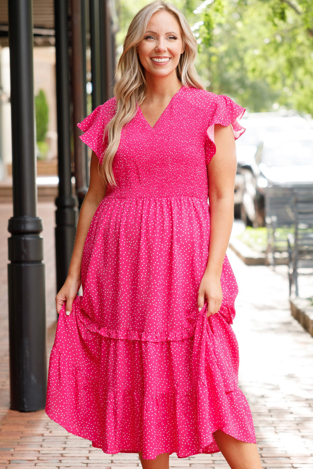 Rose Polka Dot Print Ruffle Smocked High Waist Plus Midi Dress