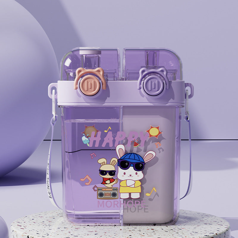 Summer Cute Cartoon Children Double Drink Cup With Straw