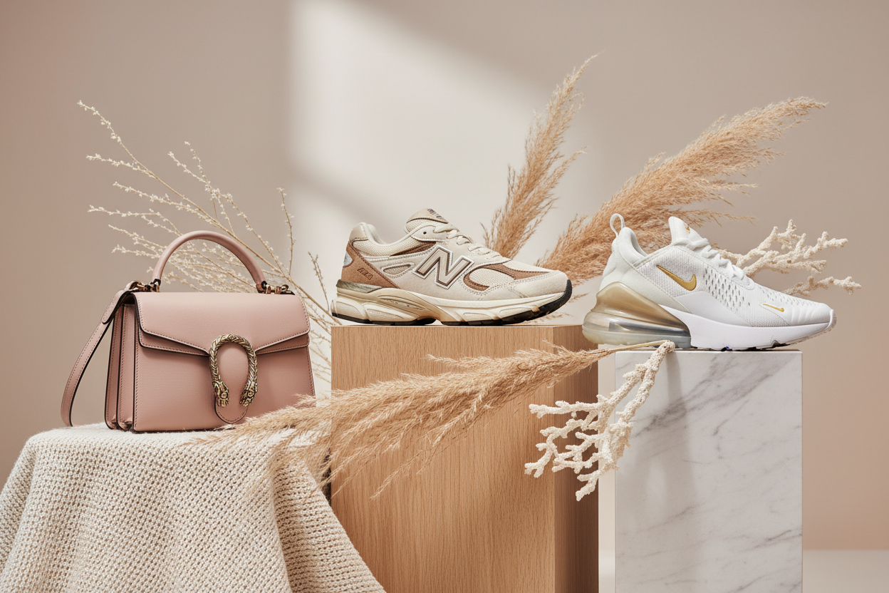 make banner for the shopify home page without any text , show the product of new balance shoes, gucci bag , nike shoes, 